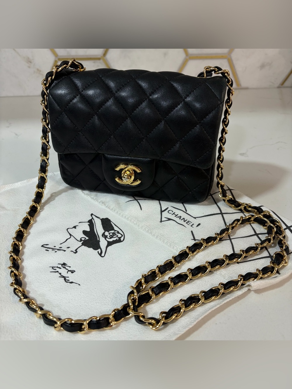 Lambskin Mini Classic Black Quilted Crossbody with Gold Chain